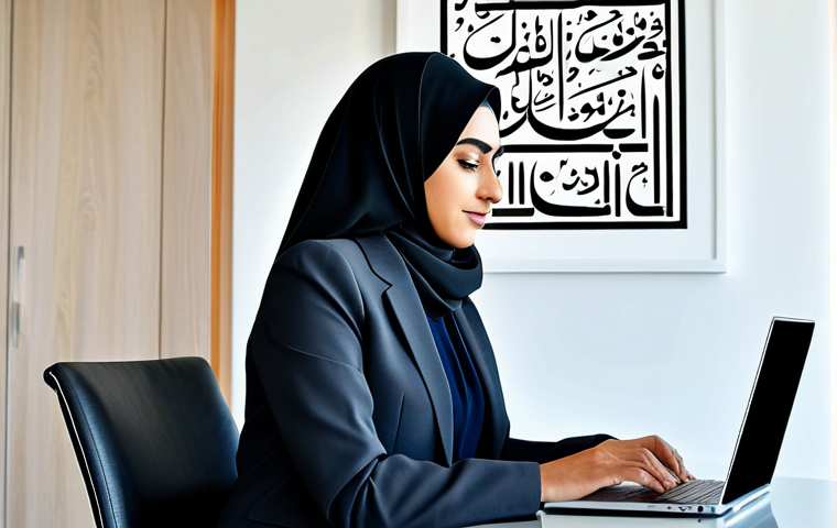 **

"A professional Arab woman in a modest, stylish business suit, working on a laptop in a modern, bright office with Arabic calligraphy art on the wall, fully clothed, appropriate attire, safe for work, perfect anatomy, natural proportions, professional digital art, high quality, family-friendly."

**