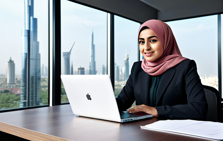 **

"A successful Arab businesswoman in a modern office setting, wearing a modest and elegant hijab and business attire, working on a laptop, city skyline visible through the window, fully clothed, appropriate content, safe for work, perfect anatomy, natural proportions, professional, family-friendly."

**