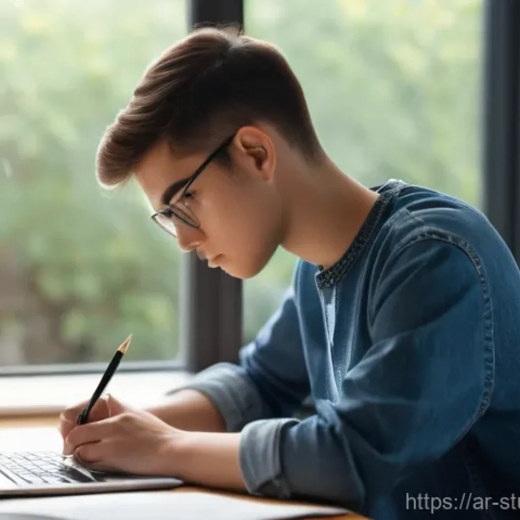 자원 관리를 통한 온라인 학습 효율화 전략 - A focused student, in their late teens or early twenties, sits at a clean, well-lit minimalist desk ...