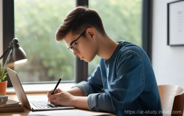 자원 관리를 통한 온라인 학습 효율화 전략 - A focused student, in their late teens or early twenties, sits at a clean, well-lit minimalist desk ...