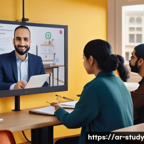 온라인 학습의 성공적인 사례 연구 - A vibrant virtual classroom scene showing diverse Arab students and a teacher interacting live via a...