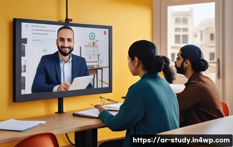 온라인 학습의 성공적인 사례 연구 - A vibrant virtual classroom scene showing diverse Arab students and a teacher interacting live via a...