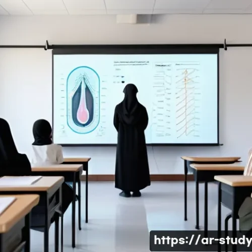 온라인 학습을 위한 멀티미디어 자료 활용 방법 - A modern classroom scene set in an Arab cultural context, featuring diverse students attentively wat...