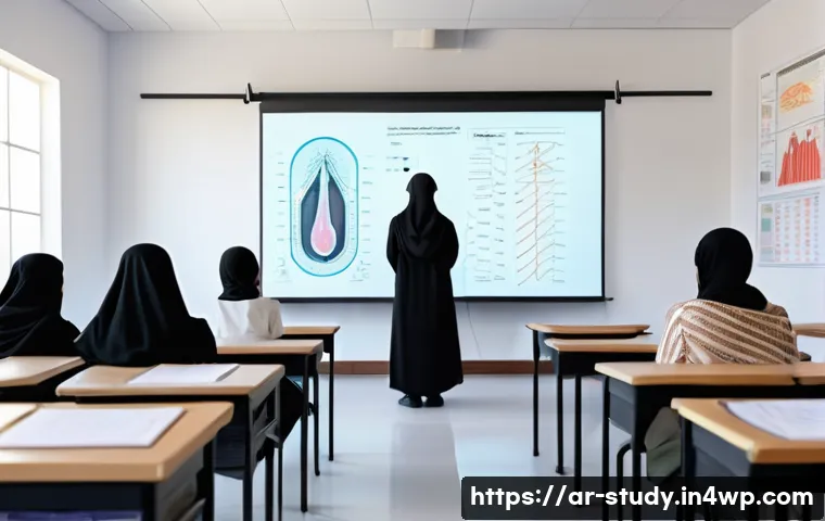 온라인 학습을 위한 멀티미디어 자료 활용 방법 - A modern classroom scene set in an Arab cultural context, featuring diverse students attentively wat...
