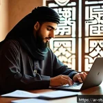 온라인 학습 시 필요한 자기 점검 방법 - A modern Arab student in a cozy home study room, sitting at a wooden desk with a laptop open to an o...