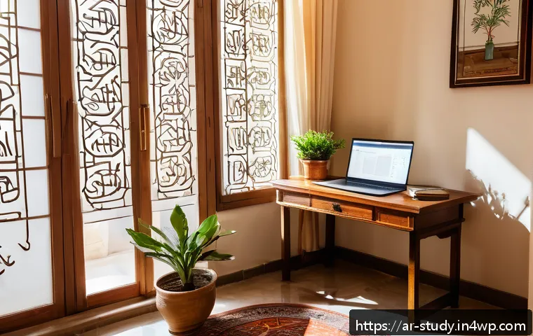 온라인 학습 중 스트레스 관리 방법 - A serene and organized study corner in a traditional Arabic home, featuring a small wooden desk with...